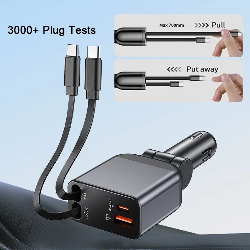 Bluejw Intelligent Car Charger, 60W USB C PD Fast Car Charger Adapter 4 in 1 Retractable for iPhone Samsung, Automobile Chargers - Image 4